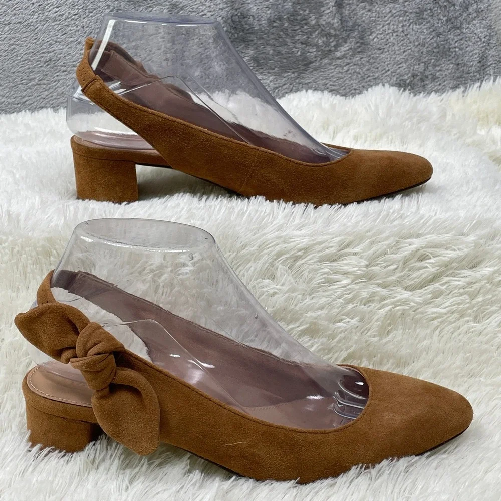 J.Crew Slingback Pumps Women 6 Brown Excellent Bow Suede Block Heel Pointed Toe